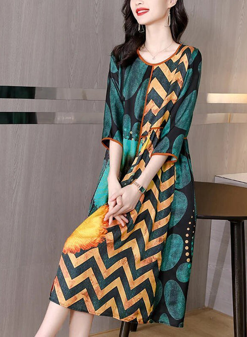 Glistening & Bright Silk O-Neck Floral High End Fashion Bohemian Cocktail Party Holiday Vestidos